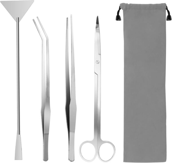 Aquarium Aquascape Tools Kit, 4 in 1 Anti-Rust Aquatic Plant Aquascaping Tool Stainless Steel Black Tweezers Scissors Spatula for Aquarium Tank Clean Fish Tank Aquascape Tools Sets (Silver)