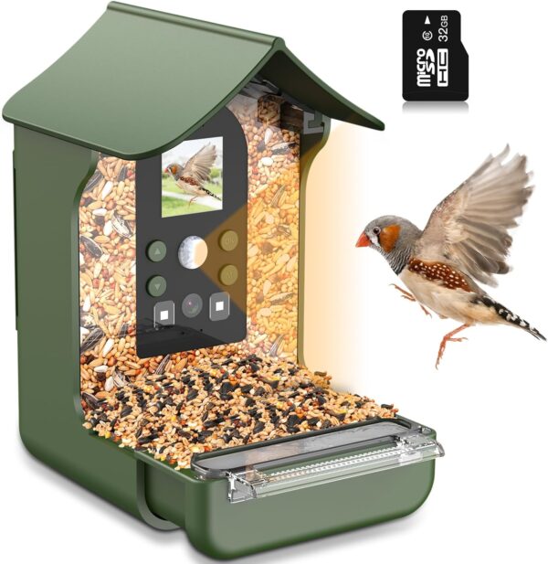 Bozily Smart Bird Feeder Camera, 1080P Bird Feeders With Camera Smart Garden Bird Feeder, Outdoor Bird Feeder, Bird Camera, Smart Bird Box, PIR Motion Sense Birds Green, IP65 Waterproof - 32G