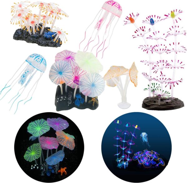 Cayway 6 Pack Aquarium Fish Tank Ornament Glowing Simulation Coral Plant Ornaments Glowing Silicone Aquarium Ornaments Bamboo Lotus for Fish Tank, Aquarium Landscape