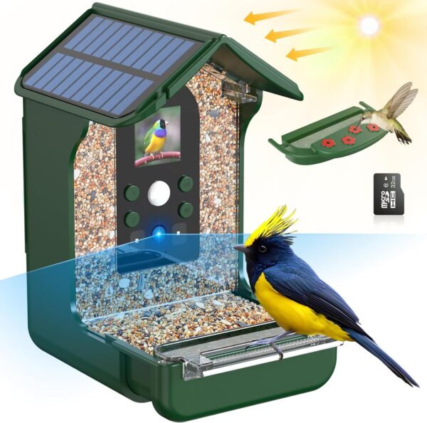 Cozion Smart Bird Feeder Camera, 1080P HD Solar Smart Bird Feeder with Camera, Auto Capture Photo&Video, Bird Camera Waterproof Bird Box Camera, PIR Motion Sense Birds Feeder and 32GB Card