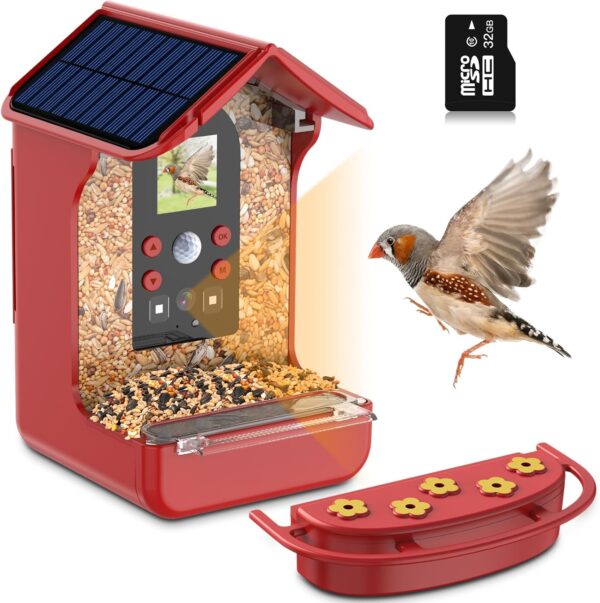 Cozion Smart Bird Feeder with Camera, 1080P Bird Feeder with Solar, Auto Capture Photo&Video, Night Vision Bird Camera and Built-in Microphone with Hummingbird Feeder, PIR Motion Sense Birds Red-32G