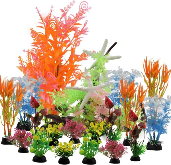 QUOZUO 21 pcs Fish Tank Decorations Plants with Artificial Tree Trunk view and starfish, Aquarium Plants Colorful Artificial Resin Reef Resin Fish Tank Ornament