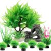 QUOZUO 9pcs Fish Tank Decorations Plants with Rockery view, Green Aquarium Plants Plastic and Aquarium Mountain Reef Rock Cave Resin Fish Tank Ornament Decoration