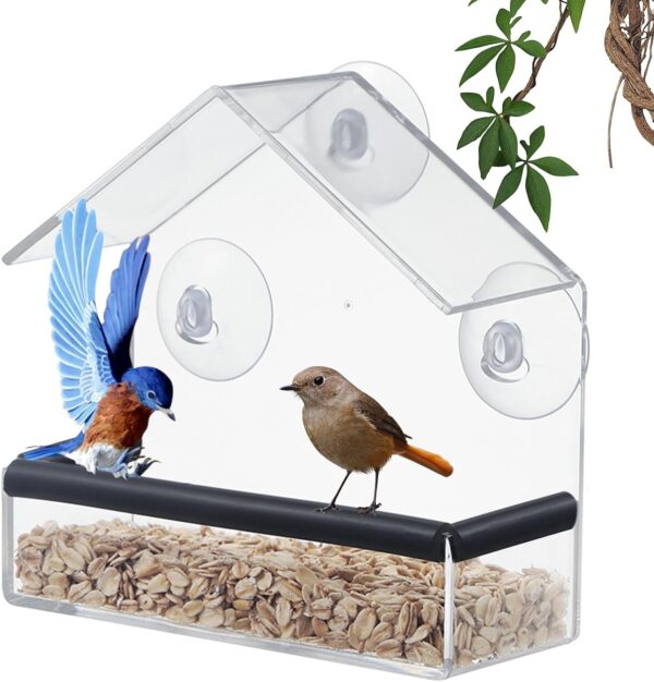 Shudyear Window Bird Feeder, Bird House for Outside with Rubber pad, Small Acrylic Window Bird Feeder with Strong Suction Cups and Drain Holes 6.2 * 2.4 * 6.2 in