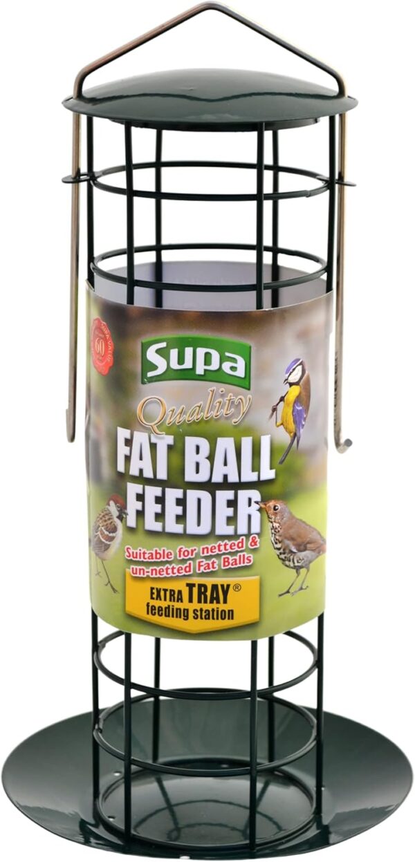 Supa Fat Ball Feeder & Tray Is Designed To Hold Both Netted And Un-netted Fat Balls. The Tray Acts Both As A Feeding Station & Also Stops Food From Falling On To The Ground Thus Discourages Vermin.