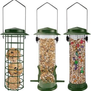 Urban Deco Metal Bird Feeders Hanging Station Fat Ball Bird Feeder Mesh Squirrel Feeder With Steel Hook Bird Seed Feeder - Weather Proof See Through Bird Feeder For Small Birds - Green- Pack Of 3