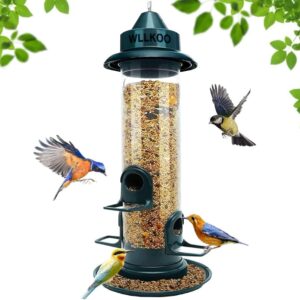 WLLKOO Bird Feeders for Outdoors Hanging, Premium Hard Plastic Bird Feeder with 4 Feeding Ports, Weatherproof & Steel Hanger, Attracting for Wild Birds