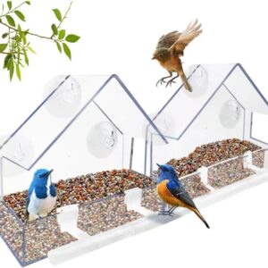 WLLKOO Window Bird Feeder 2 Pack, Bird House for Outside with 2 Rod, Small Acrylic Window Bird Feeder with Strong Suction Cups and Drain Holes 5.9 * 2.4 * 5.9 inch, QWUK0001