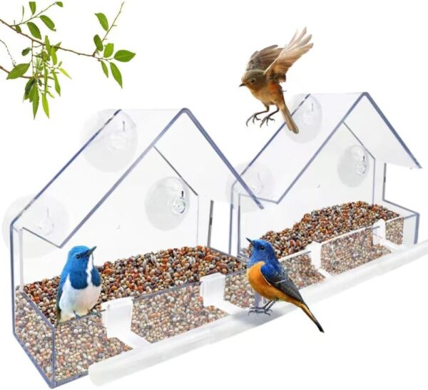 WLLKOO Window Bird Feeder 2 Pack, Bird House for Outside with 2 Rod, Small Acrylic Window Bird Feeder with Strong Suction Cups and Drain Holes 5.9 * 2.4 * 5.9 inch, QWUK0001