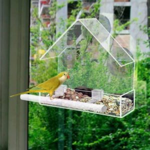 Window Bird Feeder with Strong Suction Cups,Bird Feeding Station,Clear Acrylic Hanging Bird Feeder with 3 Strong Extra Suction Cups and Seed Tray for Small Birds Decorate Your House