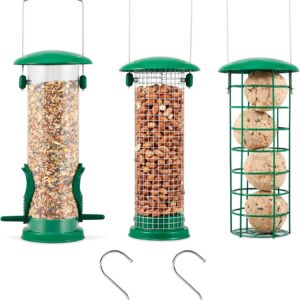 Zentea Bird Feeders - (3 pack) Metal Hanging Station for Small Birds - Crow, Pigeon, Squirrel proof Window, Garden, Backyard Hanging - Wild Bird Feeders for Nuts, Seeds, Fat Balls (Green)