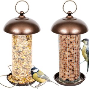 iBorn Metal Bird Feeders Hanging Peanut Mesh For Small Birds, Wild Birds Seed Feeder, Peanut Bird Feeder for Mix Seeds, Mini Seed Feed X1 & Nut Feeders X1, Copper Set of 2