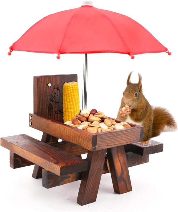 icyant Squirrel Feeder for Outside Funny, Wooden Squirrel Feeder Picnic Tabler with Umbrella and Corn Rack, Cute Chipmunk Feeder - Includes Mount Screws