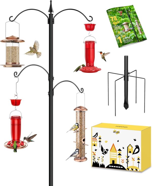 iBorn Bird Feeder Pole 1 Inch Thickness Pole Wild Bird Feeding Station Stand Shepard Hook for Bird Feeders, with 2Top Hooks& 2 Adjustable Hooks,5-Prong Pole Stabilizer(Bird Feeders NOT Included)