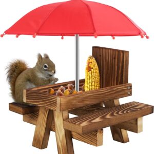 Squirrel Feeder Table with Umbrella, Wooden Squirrel Picnic Bench Feeder with Umbrella and Corn Rack, Garden Ornaments for Squirrel Chipmunk Wildlife Bird Feeder - Includes Mount Screws