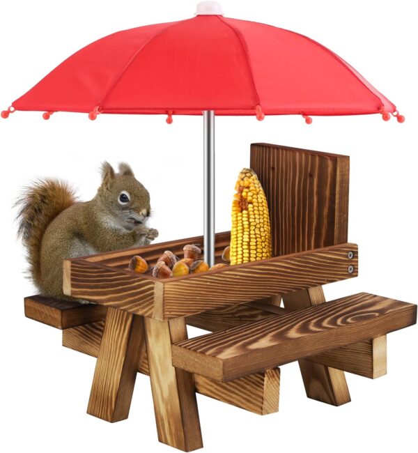 Squirrel Feeder Table with Umbrella, Wooden Squirrel Picnic Bench Feeder with Umbrella and Corn Rack, Garden Ornaments for Squirrel Chipmunk Wildlife Bird Feeder - Includes Mount Screws