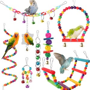 Pethee 8 Pack Budgie Toys Bird Toys Set Bird Swing Chew Toys Bells Hanging Mirror Climbing Ladders Wooden Chewing Toy for Parrot Conure Cockatiel Lovebird Parrotlet