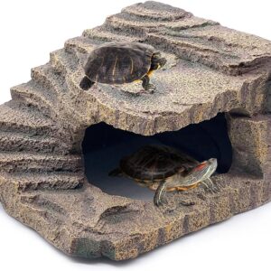 kathson Turtles Basking Platform Tortoise Resting Terrace Climbing Ramp Resin Dock Tank Decorations Reptile Hiding Cave Hideouts for Aquatic Turtles, Frog, Newts and Salamanders (L(9.84"x8.66"x6.5"))