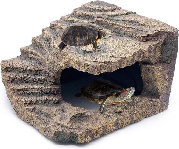 kathson Turtles Basking Platform Tortoise Resting Terrace Climbing Ramp Resin Dock Tank Decorations Reptile Hiding Cave Hideouts for Aquatic Turtles, Frog, Newts and Salamanders (L(9.84"x8.66"x6.5"))