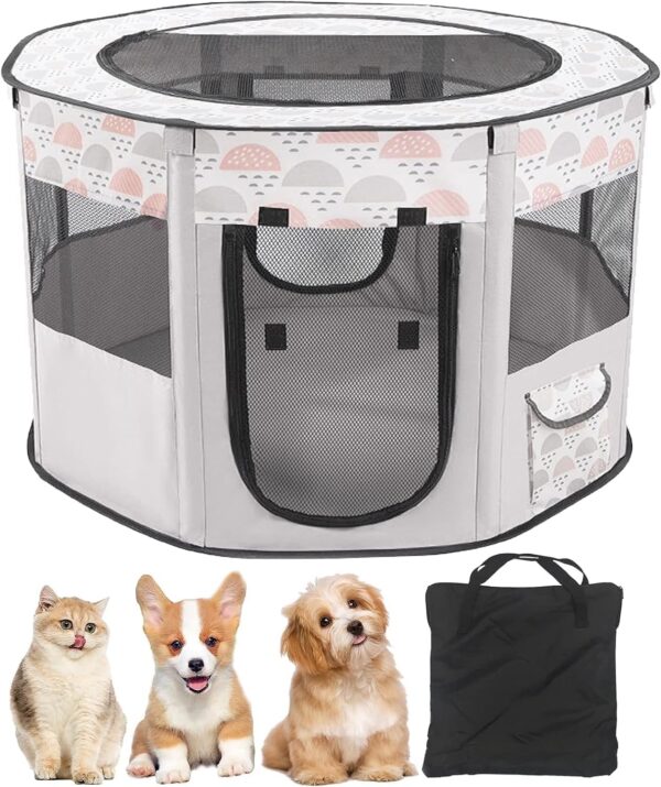 Kathson Portable Pet Playpen, Foldable Cat Cage, Dog Cat Tent, Fabric Cat Pen Indoor/Outdoor Waterproof Removable Shade Cover Travel Pet Carrier with Carry Case for Small Dog Cat Rabbit (Gray)