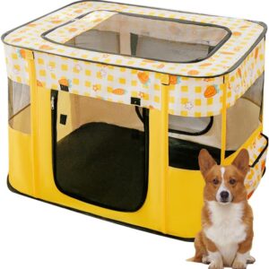 Foldable Pet Playpen Portable Kennel Cage for Puppy Dog Kitten Cat, Indoor/Outdoor Pop up Pet Tent Fence (M,Yellow)