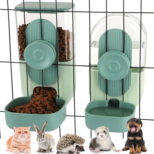 1L Rabbit Food Water Dispenser, Small Animals Pet Feeder and Waterer Set Hanging Automatic Food Water Bowl for Cage, Feeding Water Station for Small Dog Cat Kitten Bunny Guinea Pig Ferret (Set)