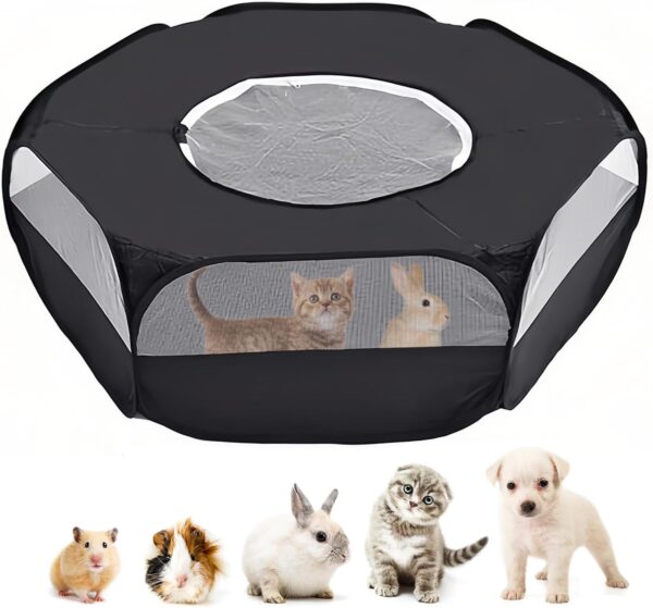 Small Animal Cage, Hamster Playpen, Guinea Play Pen with Cover, Outdoor/Indoor Pet Pop up Playpen, Hamster Run Playpen Tent Perfect for Rabbit Guinea Pig Rat Puppy (Black)