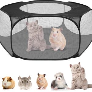 Small Animals Playpen Tent Cage, Pet Tent Pop Up Pet Playpen with Top Cover, Portable Dog Cat Play Pen for Guinea Pig, Puppy, Kitten, Rabbits, Hamster, Chinchilla, Hedgehogs (Black)