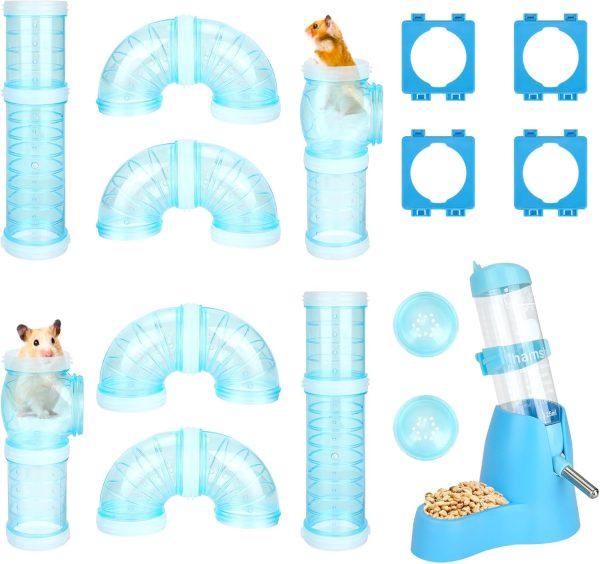 RETON Hamster Tubes, 2 Set DIY Hamster Tunnel Adventure External Pipe with 1 Hamster Water Bottle, 4 Pipe Connection Plates, 2 Hamster Cage Tube Stopper, Hamster Cage Accessories for Small Pet Sports