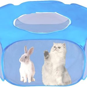 Small Animal Playpen Foldable Pet Tent Fence Cage with Zippered Cover Breathable Transparent Pop Up Pet Exercise Pen for Guinea Pig Rabbits Hamster Chinchillas Hedgehogs Kitten Puppy (Blue)