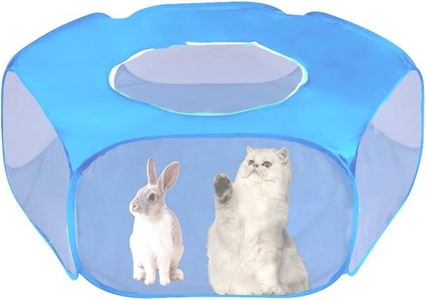 Small Animal Playpen Foldable Pet Tent Fence Cage with Zippered Cover Breathable Transparent Pop Up Pet Exercise Pen for Guinea Pig Rabbits Hamster Chinchillas Hedgehogs Kitten Puppy (Blue)