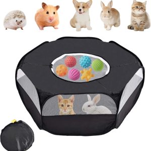 Small Animal Playpen,Waterproof Foldable Small Pet Cage Tent Portable Outdoor Exercise Yard Fence with Top Cover Anti Escape Yard Fence for Kitten/Cat/Rabbits/Hamster/Guinea Pig/Chinchillas (Black)