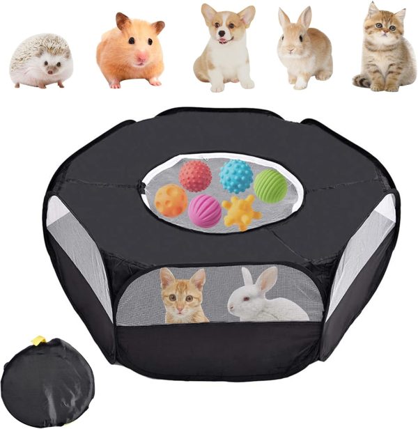 Small Animal Playpen,Waterproof Foldable Small Pet Cage Tent Portable Outdoor Exercise Yard Fence with Top Cover Anti Escape Yard Fence for Kitten/Cat/Rabbits/Hamster/Guinea Pig/Chinchillas (Black)