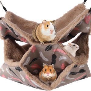 AUXSOUL Rat Hammocks for Cage, 3 Layer Pet Hammock, Soft Hamster Bed, Warm Chinchilla Hanging House, Plush Sugar Glider Cage, Small Animal Beds for Playing Sleeping (Brown)