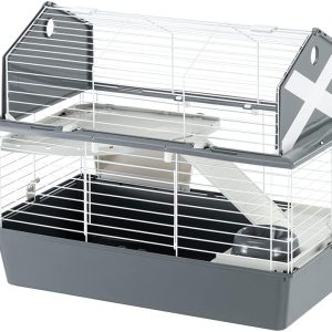 Ferplast Large rabbit cage BARN 80 Small pet home, American Barn Setting, Fully opening roof, Accessories and decorative stickers included, 78 x 48 x h 65 cm Grey