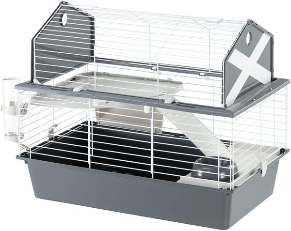 Ferplast Large rabbit cage BARN 80 Small pet home, American Barn Setting, Fully opening roof, Accessories and decorative stickers included, 78 x 48 x h 65 cm Grey