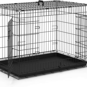 VOUNOT Dog Crate Portable Pet Crate Foldable Secure Puppy Cage with 2 Doors, Removable Slide Tray, Carry Handles, Large 36 Inches, Black