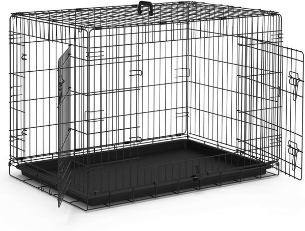 VOUNOT Dog Crate Portable Pet Crate Foldable Secure Puppy Cage with 2 Doors, Removable Slide Tray, Carry Handles, Large 36 Inches, Black