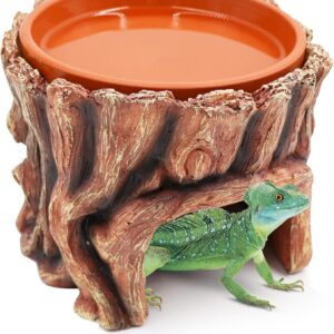 2 in 1 Reptile Hide Cave and Reptile Water/Food Feeding Bowl, Resin Terrarium Tank Accessories and Decor, Suitable for Lizard Leopard Gecko Snake Toad Bearded Dragon Hermit Crab Tortoise Axolotl