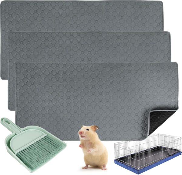 3 Pack Guinea Pig Cage Liners, Waterproof 47x 24 Inch Guinea Pig Pee Pads, Washable Reusable Super Absorbent Guinea Pig Bedding, Small Animal Pet Anti Slip Accessories for Cage with Brush Dustpan