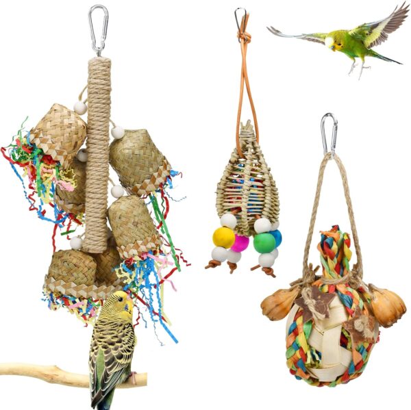 3pcs Parrot Chewing Rattan Corn Husk Toys Handmade Bamboo Palm Leaf Toys Budgie Foraging Toys Small Bird Hanging Swing Shredder Toys for Birds Parakeet Cockatiel Love Birds