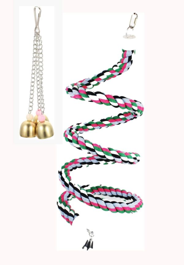 65 inch Cotton Bendable Rope(Plus 1 Set 3 Steel Bells) Perch Swing Bird Chew Toys Amazon Parrots Cage Toys with Bell Swing Climbing Standing Bungee Bird Toys for Regular to Big Size Birds