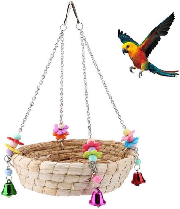 Bird Parrot Toy,Parrot Bird Nest, Natural Hand Woven Straw Nest Bed Swing with 4 Metal Bells,Swing for Birds,Perched Parrot