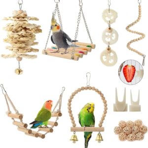 Bird Parrot Toys Swing Hanging,18 Pieces Bird Cage Accessories Toy Perch Ladder Chewing Toys Hammock for Parakeets,Cockatiels,Lovebirds,Conures,Budgie,Macaws,Lovebirds,Finches and Other Small Pets