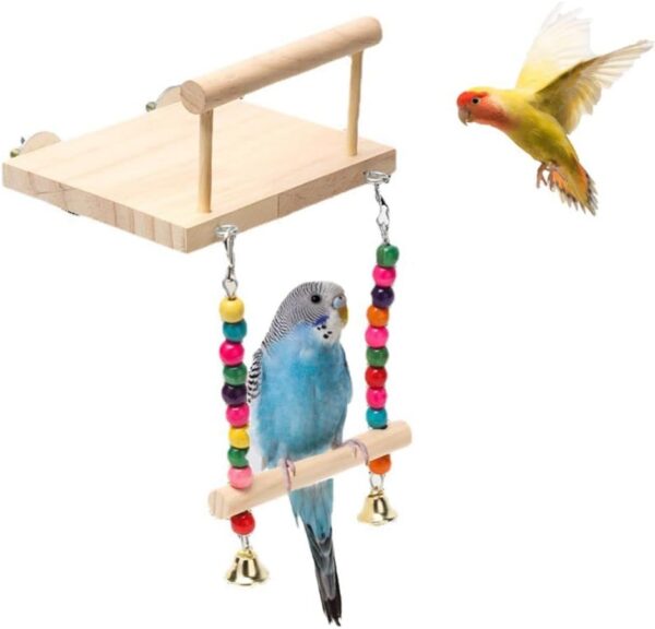 Bird Platform Stand Wooden,Parrot Perches,Wood Bird Cage Toys with Swing Bell,Flat Perch Chewing Toy for Budgie,Green Cheeks,Baby Lovebird,Chinchilla,Play Gyms Exercise