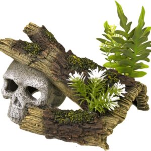 Blue Ribbon Rosewood Polyresin Skull Log with Plants Aquarium Ornament, Small