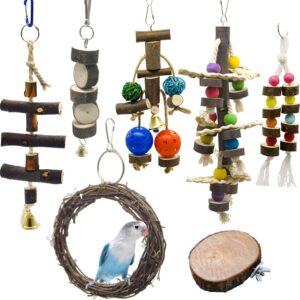 Chikanb 7-Pack Parrot Toys African Grey, Parrots Swing Chewing Hanging Toy, Colorful Bell Hammock Ladder Perch Platform Chewing Toys for Parakeets Cockatiels, Macaws, Love Birds, Finches, Little Birds