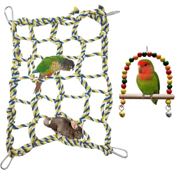 DKDDSSSS 2 Pcs Colorful Woven Climbing Net Kit,Pet Toys Hanging Climbing Swing Net,With One Bird Swings Stand,for Bird, Parrot, Small Animal, Hamster, Squirrel, Chinchillas(9.8 * 13.7 Inch,4 Hooks)