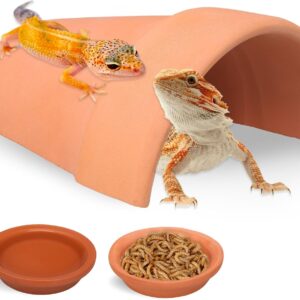 Dexspoeny 3Pcs Reptile Hide Cave and Reptile Food＆Water Bowls,Aquarium Habitat Hideouts,Terrarium Hides and Caves,Lizard Hiding Spot for Bearded Dragon Snakes Tortoise Aquarium