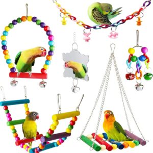 ESRISE 7 Pcs Bird Parrot Toys, Hanging Bell Pet Bird Cage Hammock Swing Climbing Ladders Toy Wooden Perch Chewing Toy for Large Parrots, Conures, Love Birds, Small Parakeets Cockatiels, Macaws, Finche